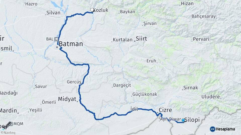 Şırnak Silopi Kozluk Batman Arası Kaç Km - Yol Haritası