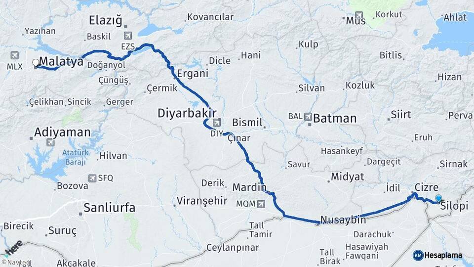 Şırnak Silopi Malatya Arası Kaç Km - Yol Haritası