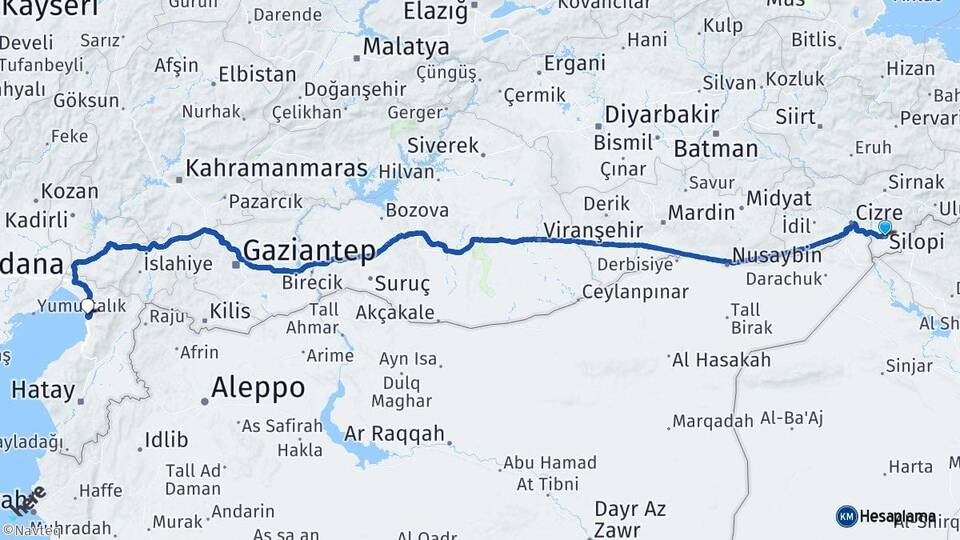 Şırnak Silopi Payas Hatay Arası Kaç Km - Yol Haritası