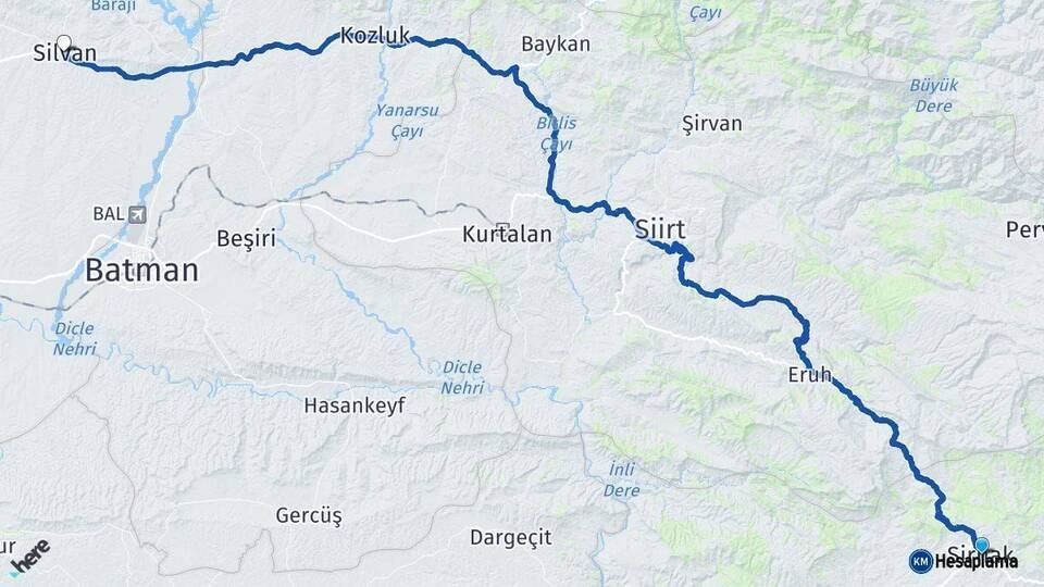 Şırnak Silvan Diyarbakır Arası Kaç Km - Yol Haritası