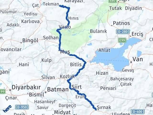Şırnak Tekman Erzurum Arası Kaç Km - Yol Haritası