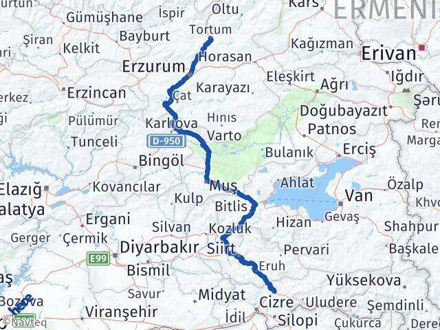 Şırnak Tortum Erzurum Arası Kaç Km - Yol Haritası