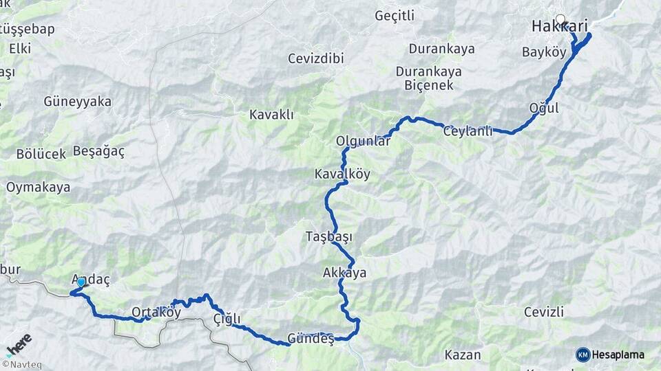 Şırnak Uludere Andaç Hakkari Arası Kaç Km - Yol Haritası