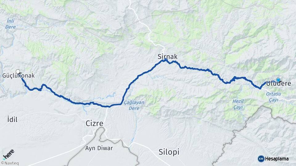 Şırnak Uludere Güçlükonak Arası Kaç Km - Yol Haritası