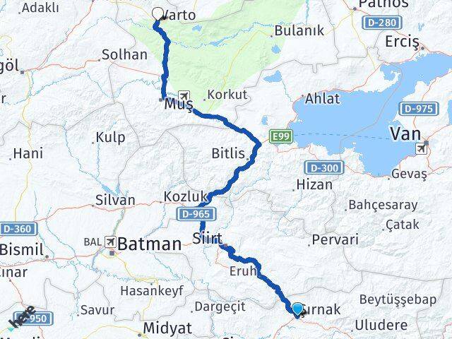 Şırnak Varto Muş Arası Kaç Km - Yol Haritası