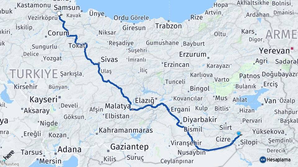 Şırnak Vezirköprü Samsun Arası Kaç Km - Yol Haritası
