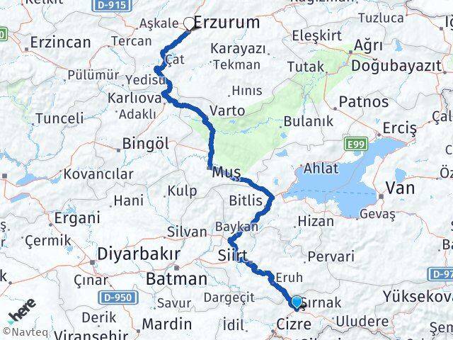 Şırnak Yakutiye Erzurum Arası Kaç Km - Yol Haritası