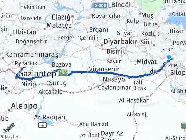 Şırnak Yavuzeli Gaziantep Arası Kaç Km - Yol Haritası