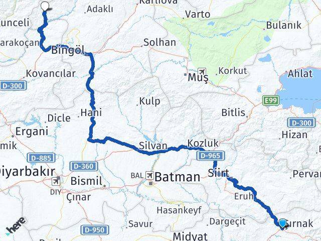 Şırnak Yayladere Bingöl Arası Kaç Km - Yol Haritası