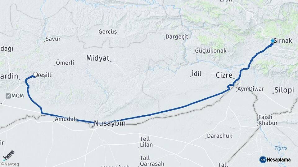 Şırnak Yeşilli Mardin Arası Kaç Km - Yol Haritası