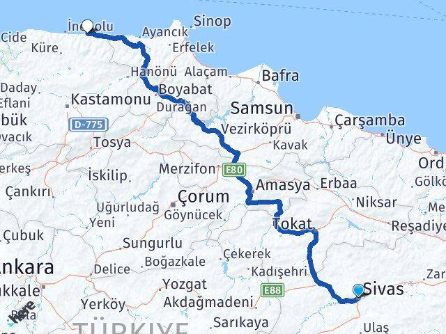 Sivas Abana Kastamonu Arası Kaç Km - Yol Haritası