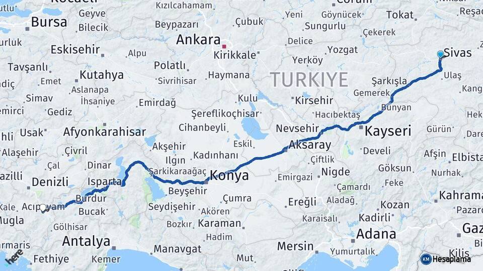 Sivas Acıpayam Denizli Arası Kaç Km - Yol Haritası
