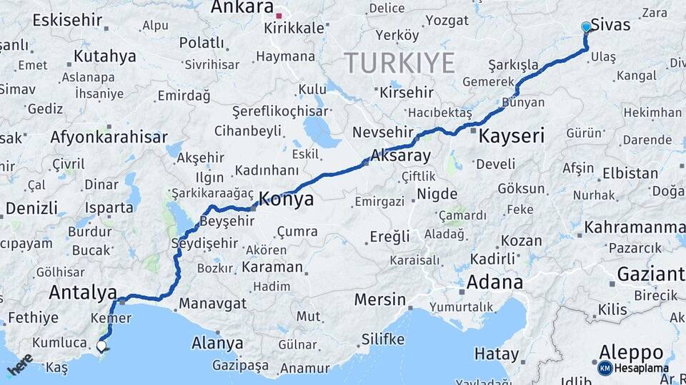 Sivas Adrasan Kumluca Antalya Arası Kaç Km - Yol Haritası