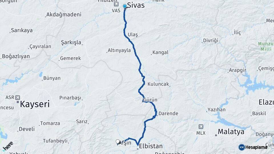Sivas Afşin Kahramanmaraş Arası Kaç Km - Yol Haritası