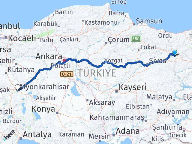 Sivas Akıncılar Afyonkarahisar Arası Kaç Km - Yol Haritası