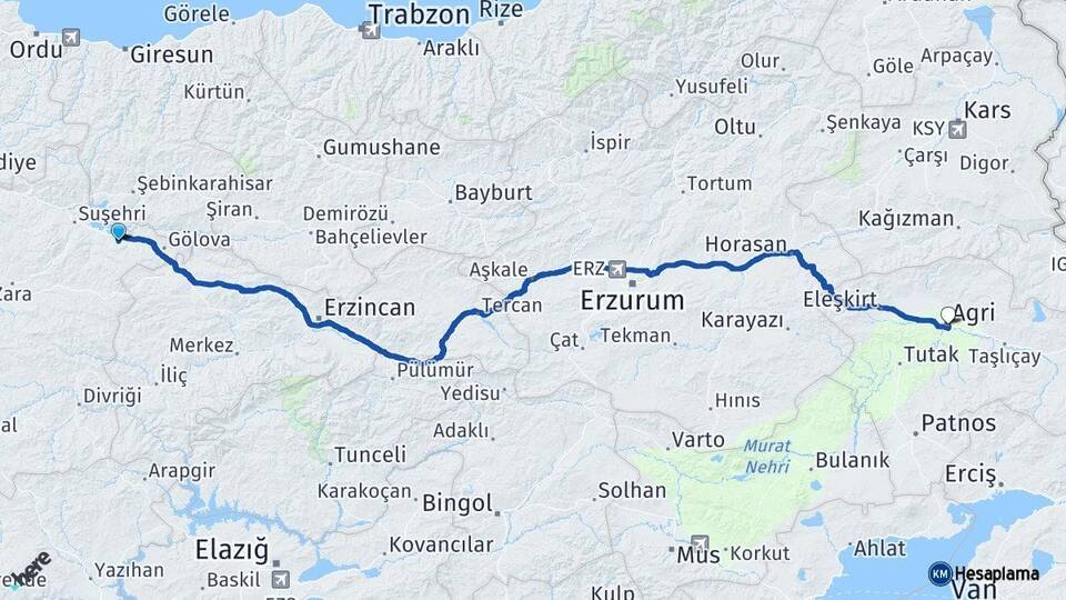 Sivas Akıncılar Ağrı Arası Kaç Km - Yol Haritası