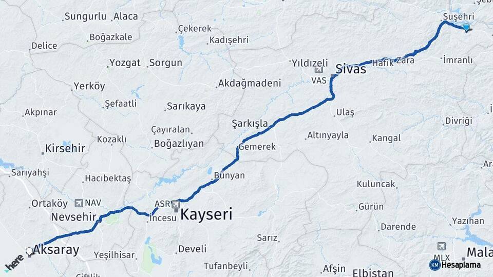 Sivas Akıncılar Aksaray Arası Kaç Km - Yol Haritası