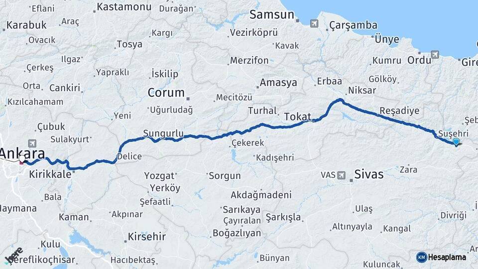 Sivas Akıncılar Ankara Arası Kaç Km - Yol Haritası