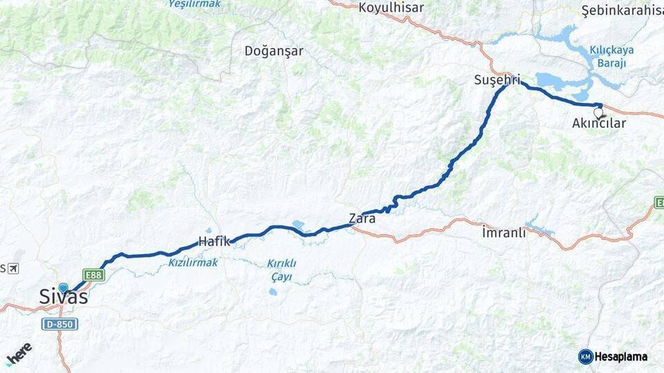 Sivas Akıncılar Arası Kaç Km - Yol Haritası