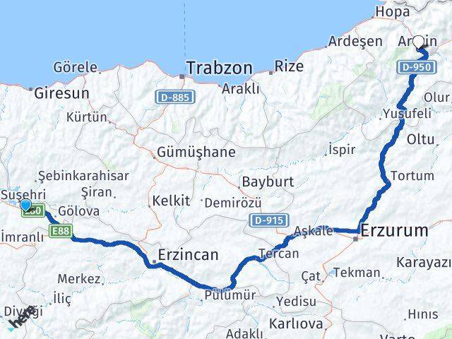 Sivas Akıncılar Artvin Arası Kaç Km - Yol Haritası