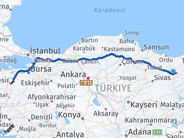 Sivas Akıncılar Balıkesir Arası Kaç Km - Yol Haritası
