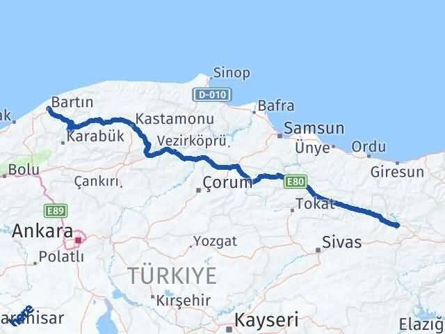 Sivas Akıncılar Bartın Arası Kaç Km - Yol Haritası