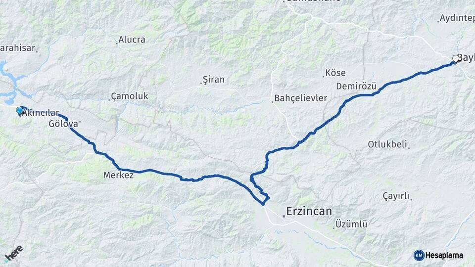 Sivas Akıncılar Bayburt Arası Kaç Km - Yol Haritası