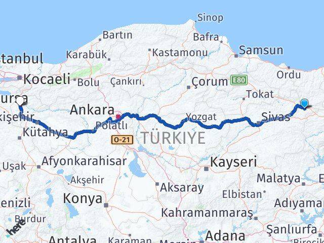 Sivas Akıncılar Bilecik Arası Kaç Km - Yol Haritası