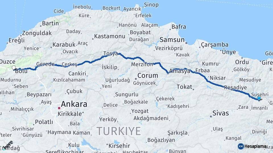 Sivas Akıncılar Bolu Arası Kaç Km - Yol Haritası