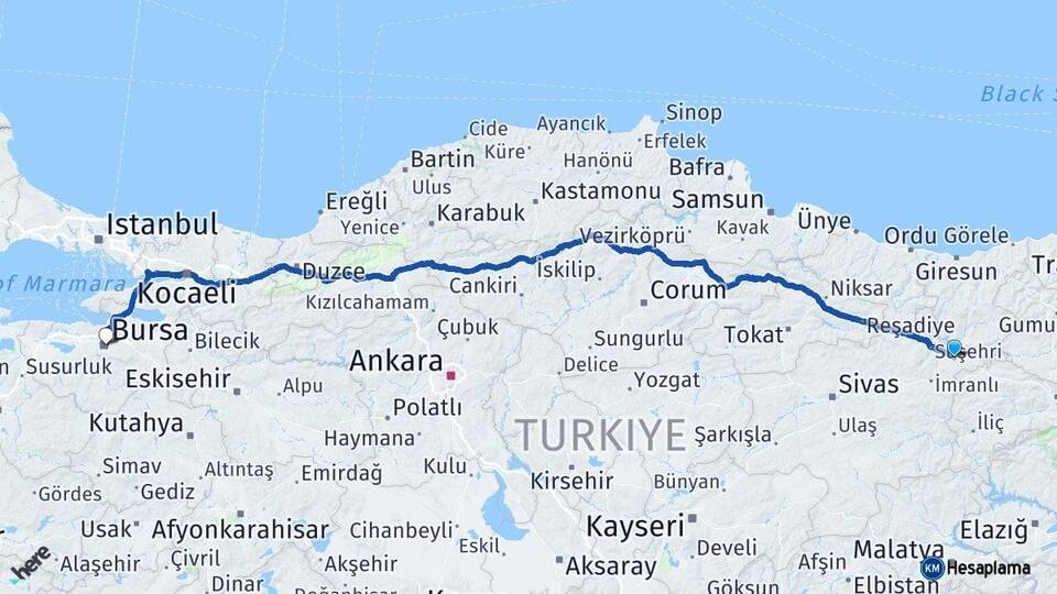 Sivas Akıncılar Bursa Arası Kaç Km - Yol Haritası