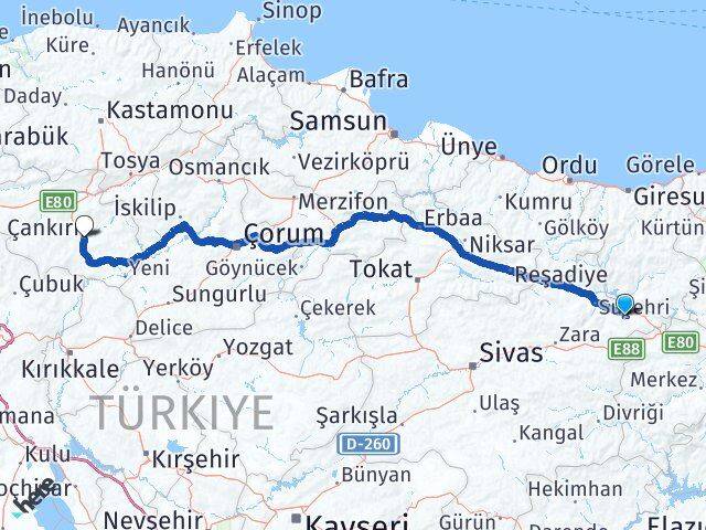 Sivas Akıncılar Çankırı Arası Kaç Km - Yol Haritası