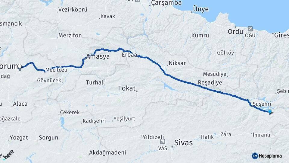 Sivas Akıncılar Çorum Arası Kaç Km - Yol Haritası