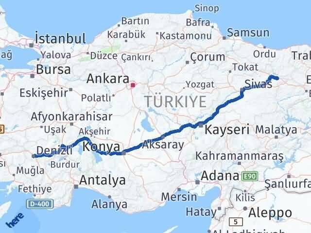 Sivas Akıncılar Denizli Arası Kaç Km - Yol Haritası