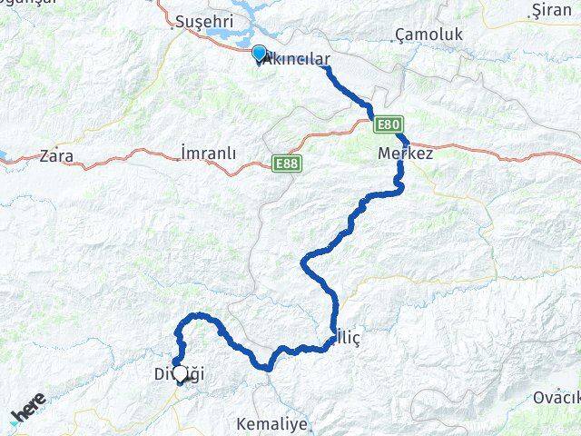 Sivas Akıncılar Divriği Arası Kaç Km - Yol Haritası