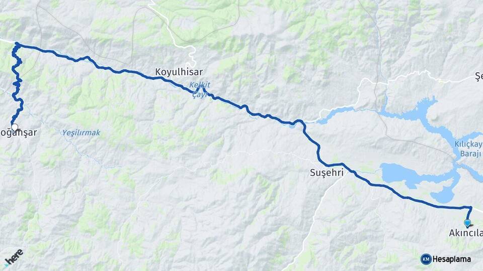 Sivas Akıncılar Doğanşar Arası Kaç Km - Yol Haritası