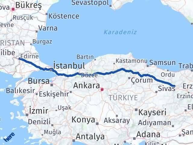 Sivas Akıncılar Edirne Arası Kaç Km - Yol Haritası