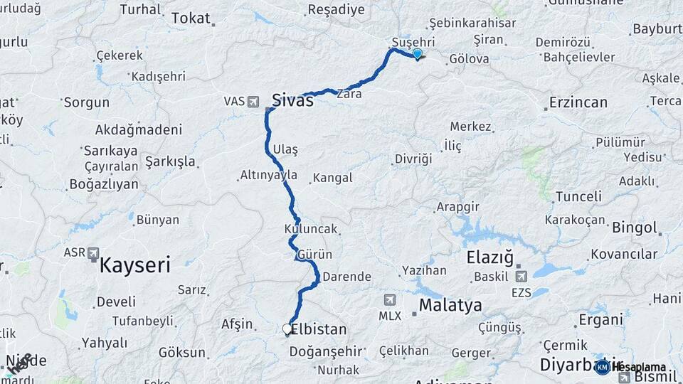 Sivas Akıncılar Elbistan Kahramanmaraş Arası Kaç Km - Yol Haritası