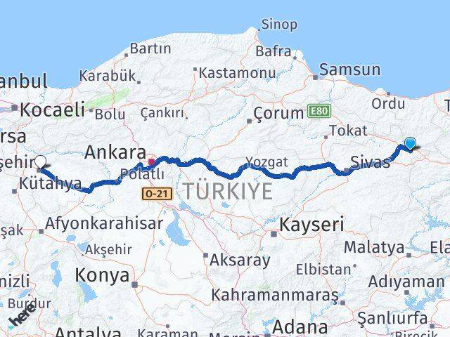 Sivas Akıncılar Eskişehir Arası Kaç Km - Yol Haritası