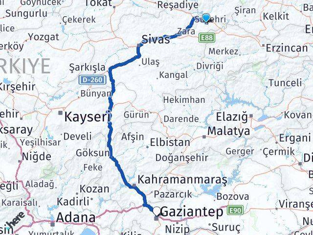 Sivas Akıncılar Gaziantep Arası Kaç Km - Yol Haritası