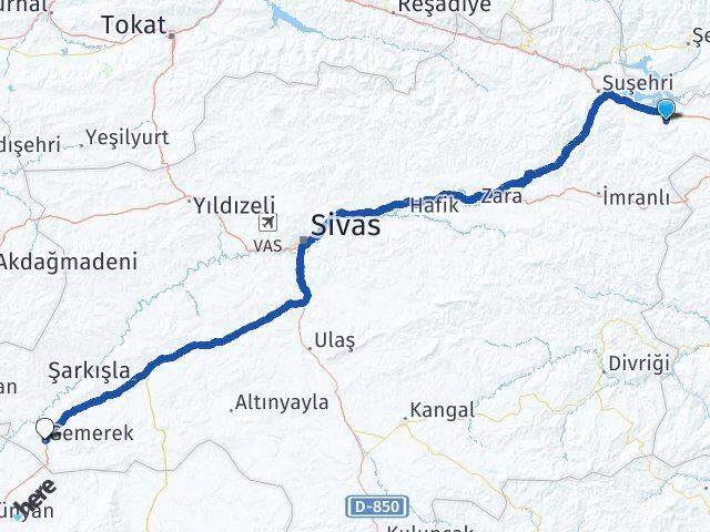 Sivas Akıncılar Gemerek Arası Kaç Km - Yol Haritası