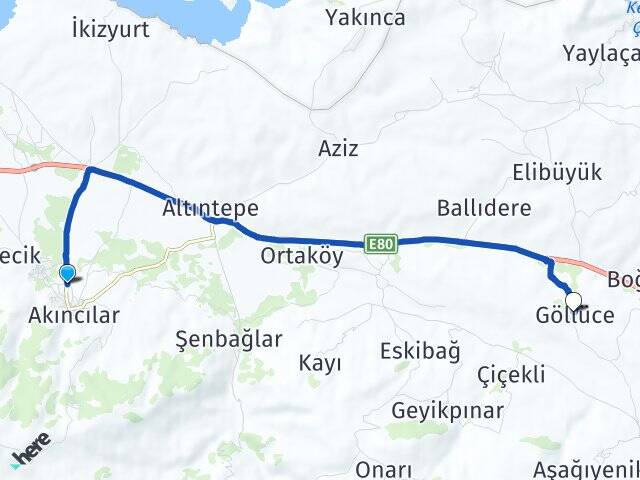 Sivas Akıncılar Göllüce Akıncılar Arası Kaç Km - Yol Haritası