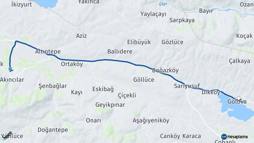 Sivas Akıncılar Gölova Arası Kaç Km - Yol Haritası