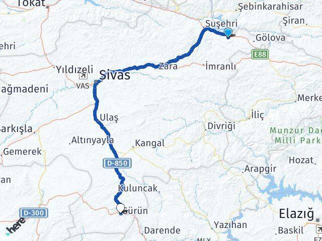 Sivas Akıncılar Gürün Arası Kaç Km - Yol Haritası