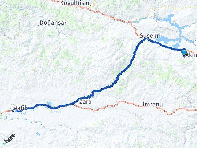 Sivas Akıncılar Hafik Arası Kaç Km - Yol Haritası