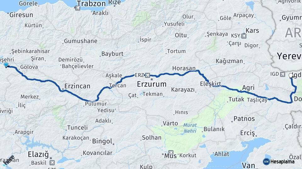 Sivas Akıncılar Iğdır Arası Kaç Km - Yol Haritası