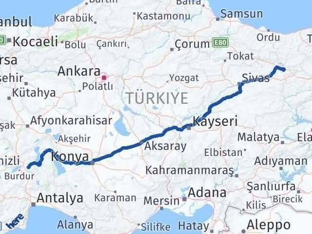 Sivas Akıncılar Isparta Arası Kaç Km - Yol Haritası