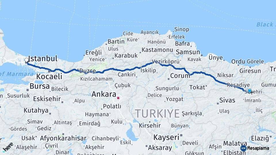 Sivas Akıncılar İstanbul Arası Kaç Km - Yol Haritası