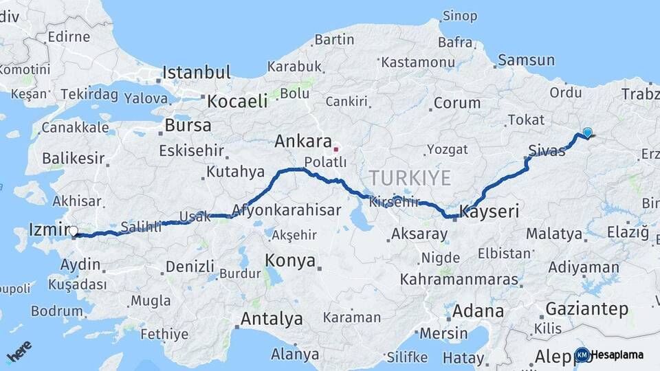 Sivas Akıncılar İzmir Arası Kaç Km - Yol Haritası