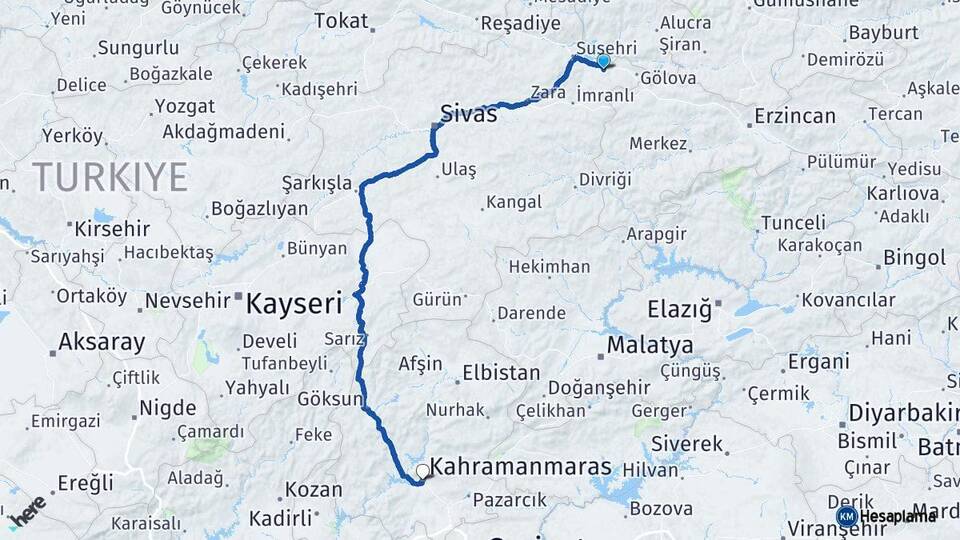 Sivas Akıncılar Kahramanmaraş Arası Kaç Km - Yol Haritası