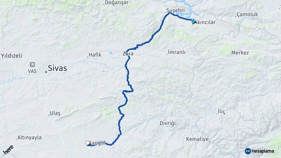 Sivas Akıncılar Kangal Arası Kaç Km - Yol Haritası